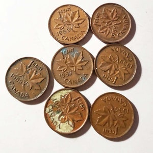 Set of 7 Vintage 1 Cent Canada Coin 1953 1955 1957 1956 1959 1963 Collectible Old Canadian Coin, Copper Coin, Canadian Penny,
