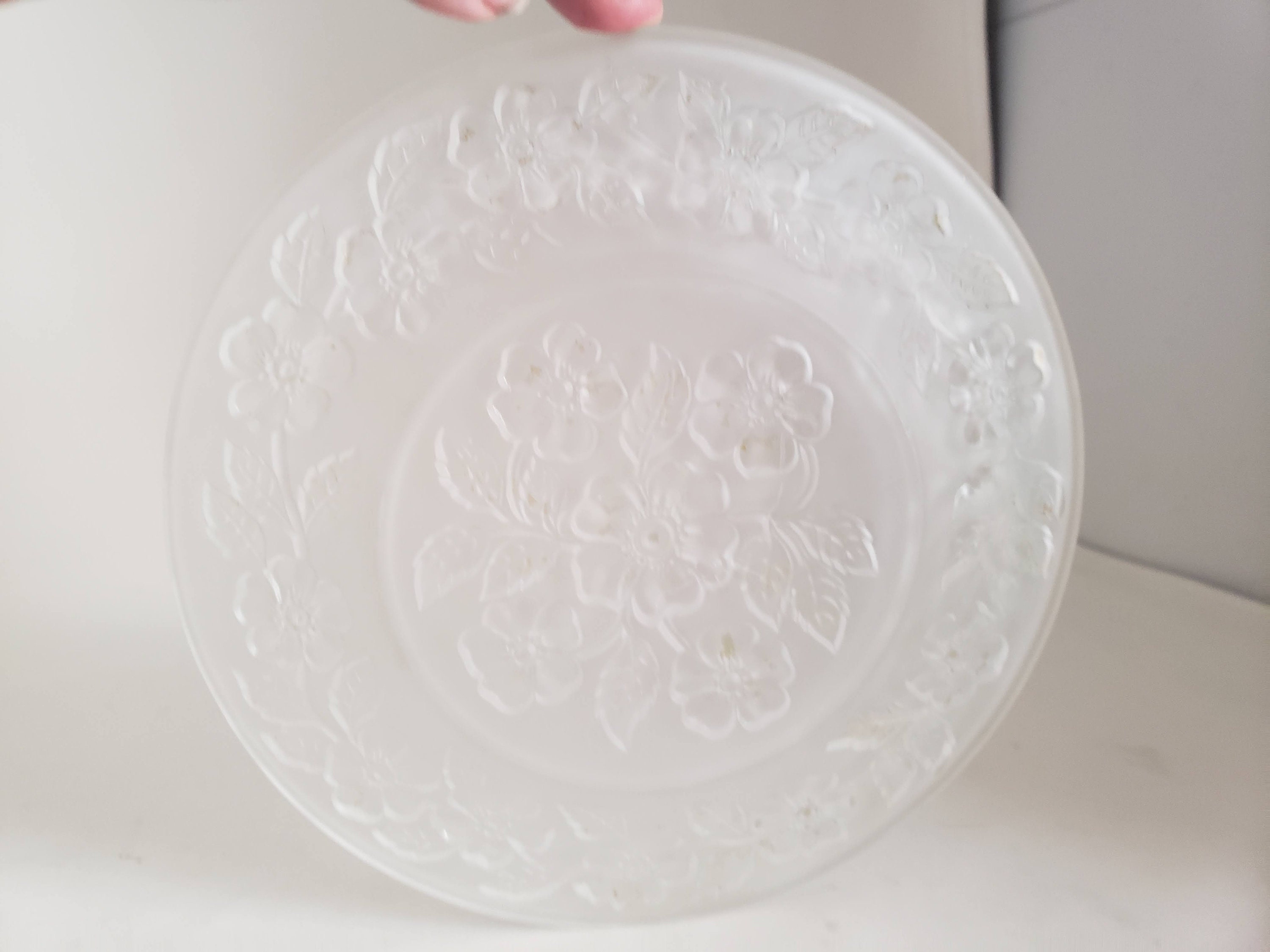 Vintage Frosted Glass Plate With Embossed Flowers, Decorative Glass