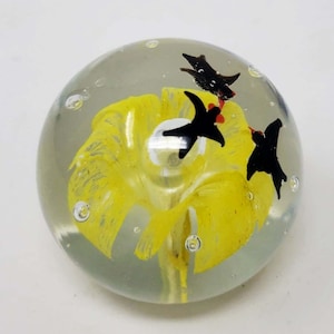 Vintage Handcrafted Glass Paperweight With Yellow Flower & Black Birds Design