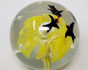Vintage Handcrafted Glass Paperweight With Yellow Flower & Black Birds Design