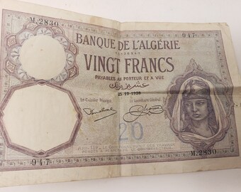 Vintage 1928 Vingt Francos 20 Banque De L&#39;Algerie M.2830 Billete de Argelia 70736947 RARE Papel Coleccionable Dinero