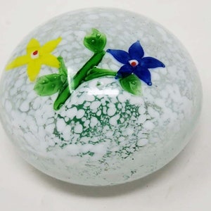 Vintage Handcrafted Glass Paperweight With Yellow & Blue Floral Design 3&quot;W x 2&quot;H
