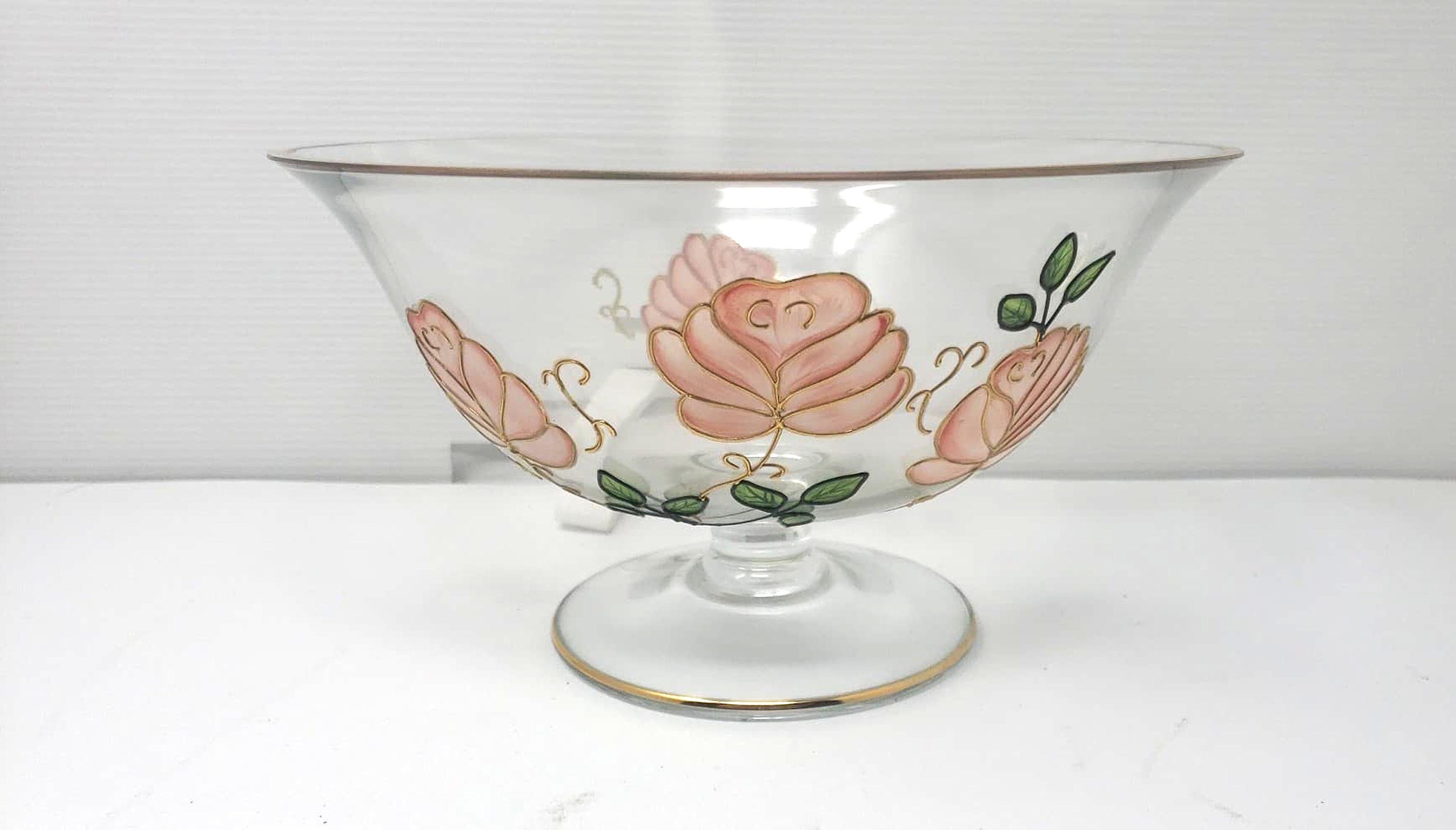 Vintage Handcrafted Crystal Bowl Made in Romania Hand Painted Gold Rim
