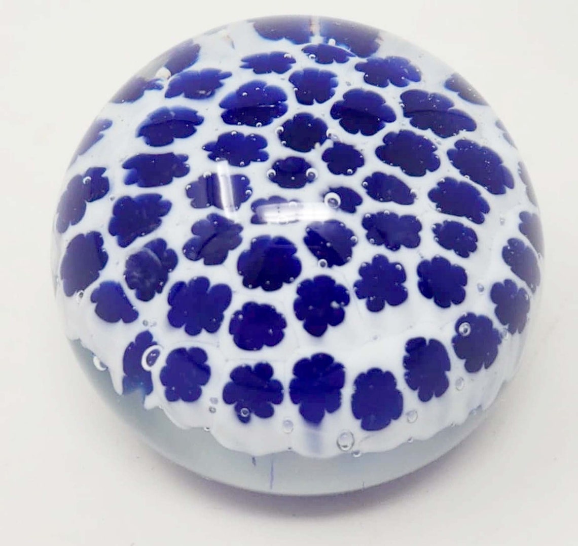 Vintage Millefiori Glass Paperweight Blue Flower Canes Etsy