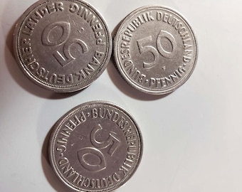 50 Pfennig Coins Germany Federal Republic, Lot of 3, Bank Deutscher Lander 1949-J Bundesrepublik Deutschland 1950-J 1950-F German Coins