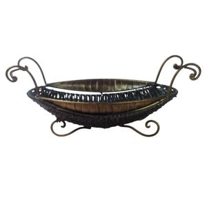 Vintage Black Wicker Brass Wire Basket With Ornate Handles & Stand