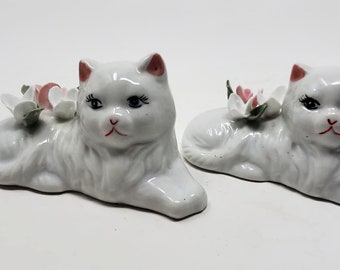 Vintage White Glaze Ceramic Kitty Cat Figurine with Pink Flower Decor Set of 2