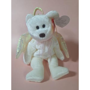 Rare Ty Original Beanie Babies Halo Bear With Brown Nose & Iridescent Wings Plush 1998 Collectible Mint Tag in Protective Case