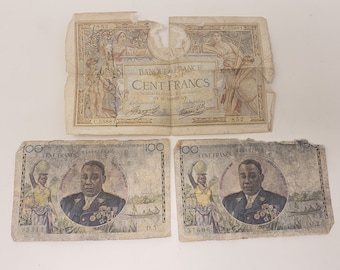 Set of 3 Vintage 100 Franc Banknotes, Luc Olivier Merson French banknote-1937 and French Equatorial Africa Undated-1957 Collectible Money