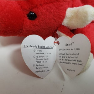 Snort the Red Bull TY Beanie Original Baby 4th Gen Heart Tag Stuff Toy, DOB May 15, 1995, Plush Bear Toy, Collectible TY Beanie Baby, Gift