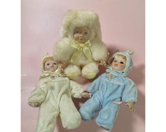 Vintage Lot of 3 Miniature Porcelain Face Dolls Anne Geddes and Other Bunny Suit