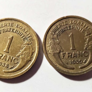 Set of 2 Vintage 1 Franc Coin 1938 1939 France Old Coin, Republique Francaise Morlon Marianne Cornucopia French Coin Collectible