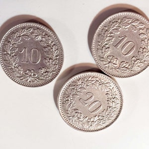 Switzerland Coins Set of 3, 10 Rappen 1958 1962, 20 Rappen 1969, Confederatio Helvetica, Vintage Coins Collectible, Great for Crafts Jewelry