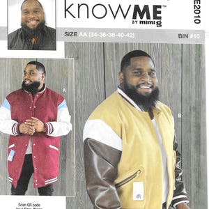 May include: A product package featuring a man modeling two varsity jackets. One jacket is maroon with white sleeves, the other is yellow with brown sleeves. The package includes the text "knowME" and "SINS OF MANY".