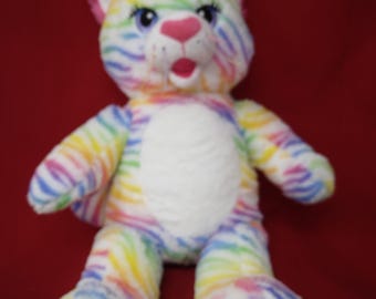 Build A Bear Kitty Cat Rainbow Zebra Stripe Plush 16 INCH Stuffed Animal BAB on Paw