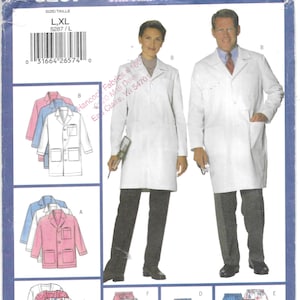 May include: A sewing pattern for a white lab coat, a pink jacket, a patterned cardigan, pants, a skirt, shorts, and a belt. The pattern is for sizes L and XL. The pattern number is 5287. The pattern is from Butterick.