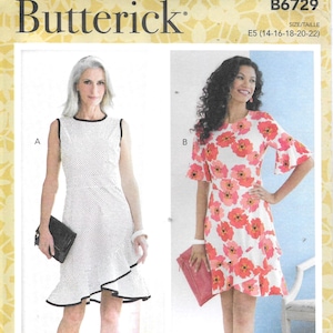 May include: Butterick B6729 sewing pattern featuring two dress designs. One dress is white with black polka dots and trim. The other dress is white with a floral print. The pattern includes body measurements and size information.