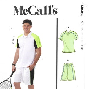 May include: A sewing pattern for a men's athletic outfit. The pattern includes instructions for a white polo shirt with green and black accents, and white shorts with green and black accents. The pattern is for sizes 44-52. The pattern is designed and printed in the USA.