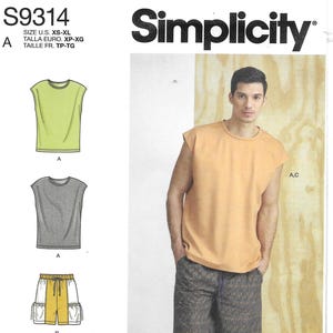May include: Simplicity pattern S9314 featuring a sleeveless top and shorts. The pattern includes illustrations of the garments in various colors. The model is wearing an orange sleeveless top and patterned shorts. The pattern is designed and printed in the USA.