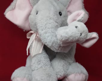 Elephant Mom and Baby 16" Mom Holding Baby With Trunk