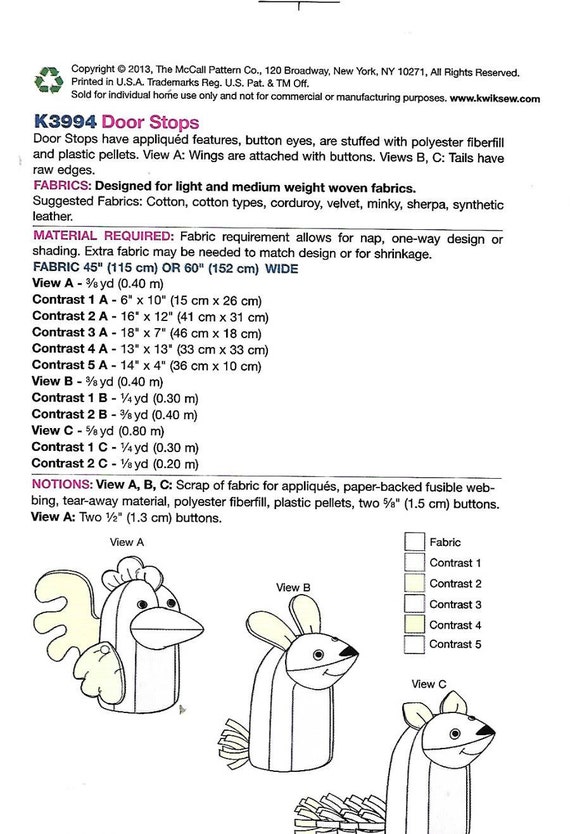 Animal Motif Door Stops New Kwik Sew Craft Pattern 3994