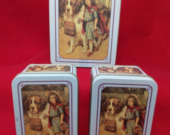 Vintage  3 Tin Box With Girl & St. Bernard Dog  Blue Trim Nostalgic