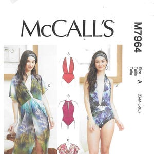 May include: McCall's M7964 sewing pattern featuring swimwear and a wrap dress. The pattern includes size A (S-M-L-XL) with body measurements in inches. The image shows the pattern cover with illustrations of the garments.