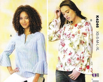 K4246 Misses Pullover V Neck Tops, Sizes XS-XL, New Uncut Kwik Sew Pattern