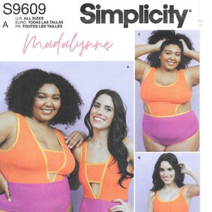 May include: Simplicity sewing pattern S9609 features a swimsuit design. The pattern includes an orange top with a yellow trim and a pink bottom. The image also includes the text "Madalynne".