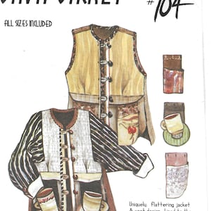 May include: Illustration of a Java Jacket sewing pattern. The pattern includes a jacket and vest design with detachable pockets and turn-back cuffs. The text "JAVA JACKET" and "#104" are visible. Designed and illustrated by Diane Ericson.