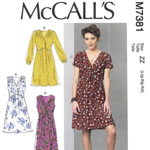 May include: McCall's M7381 sewing pattern featuring four dress designs. The pattern includes a yellow polka dot dress, a floral print dress, and a burgundy floral dress. The size range is Lrg-XXL. Designed and printed in the USA.