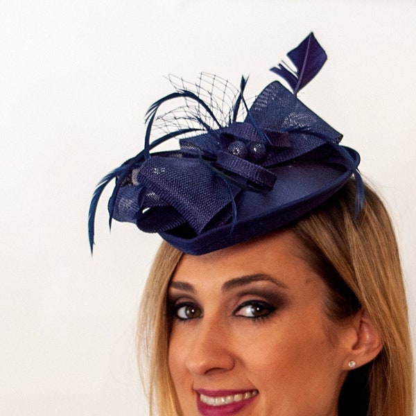 The Alice Blue Fascinator, Derby Hat, Fancy Hat, Navy Blue Hat, Wedding hat, European, Vintage