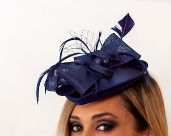 The Alice Blue Fascinator, Derby Hat, Fancy Hat, Navy Blue Hat, Wedding hat, European, Vintage