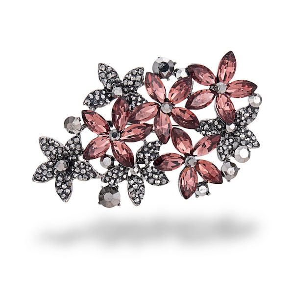 Flower Antique Silver Brooch Pin - Red Crystals and Silver Rhinestones - Elegant Floral Design for Women - For Costumes or Dress