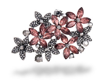 Flower Antique Silver Brooch Pin - Red Crystals and Silver Rhinestones - Elegant Floral Design for Women - For Costumes or Dress