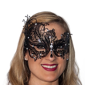 Black Dramatic Masquerade Mask, Venetian Victorian Rhinestone Metal Mask