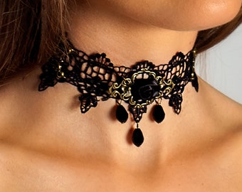 Black Lace Choker: Gothic Rose Necklace with Black Stones