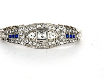 1920's Art Deco Rhinestone Bracelet - With Vintage Blue Accent - Victorian Design Bracelet - For Weddings, Parties, Casual Wear