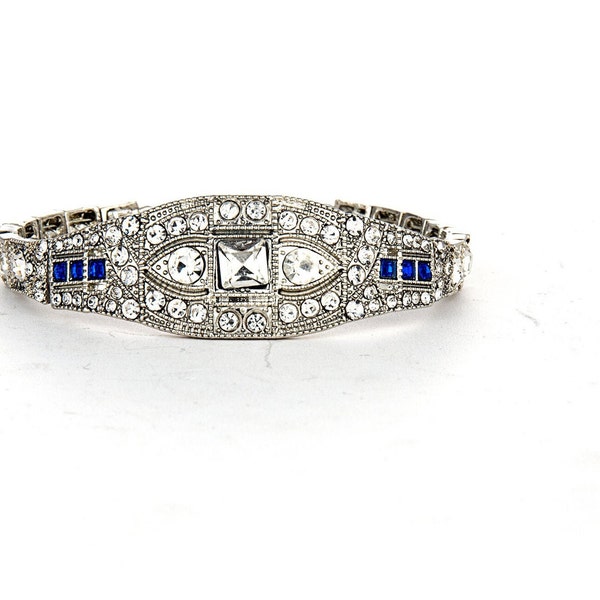 1920's Art Deco Rhinestone Bracelet - With Vintage Blue Accent - Victorian Design Bracelet - For Weddings, Parties, Casual Wear