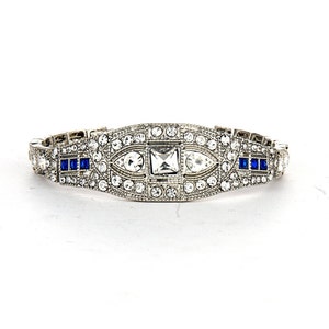 1920's Art Deco Rhinestone Bracelet - With Vintage Blue Accent - Victorian Design Bracelet - For Weddings, Parties, Casual Wear