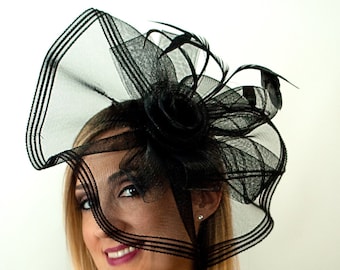 Fascinator Veil Hat for Ladies "Divine", Black Vintage Kentucky Derby Hat Headband for Women, Wedding Cocktail Tea Party Dress Accessories