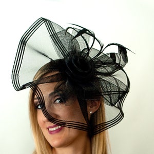 The Divine: Black Fascinator Hat, Vintage Style Derby Headpiece with Optional Headband