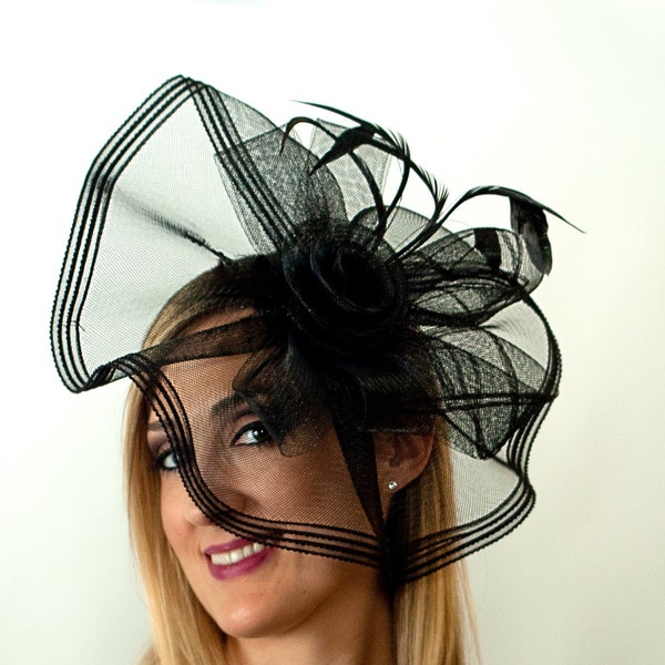 The Divine: Black Fascinator Hat, Vintage Style Derby Headpiece with Optional Headband