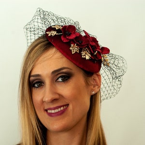 1920s Style Red Fascinator: Handmade Derby Hat with Veil on Pillbox Base