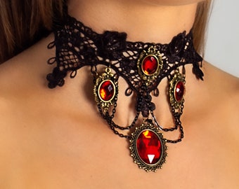 Gothic Victorian Choker Black Lace Necklace with Faux Red Ruby Pendant Accessories to Black Corset, Witch and Vampire Costumes