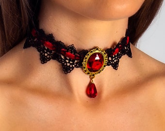 Black Lace Choker Gothic Necklace With Red Faux Ruby Stones Black Lace Choker Gothic Necklace With Red Faux Ruby Stones