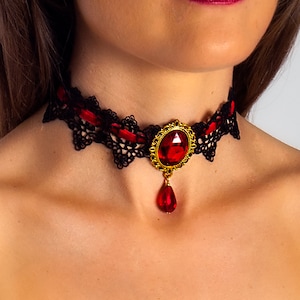 Black Lace Choker: Gothic Victorian Necklace with Red Faux Ruby and Velvet Ribbon
