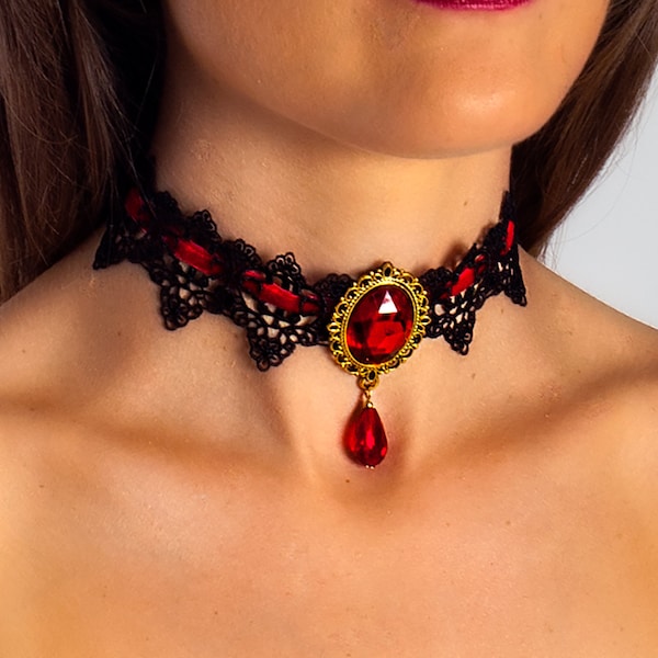 Black Lace Choker Gothic Necklace with Red Faux Ruby Stones Victorian Style Accessories to Black Corset, Scarlet Witch and Devil Costumes