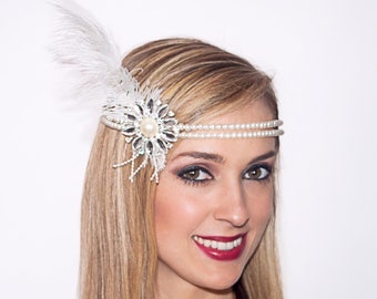 1920s Flapper Headpiece Headband with Pearl Band and Feather