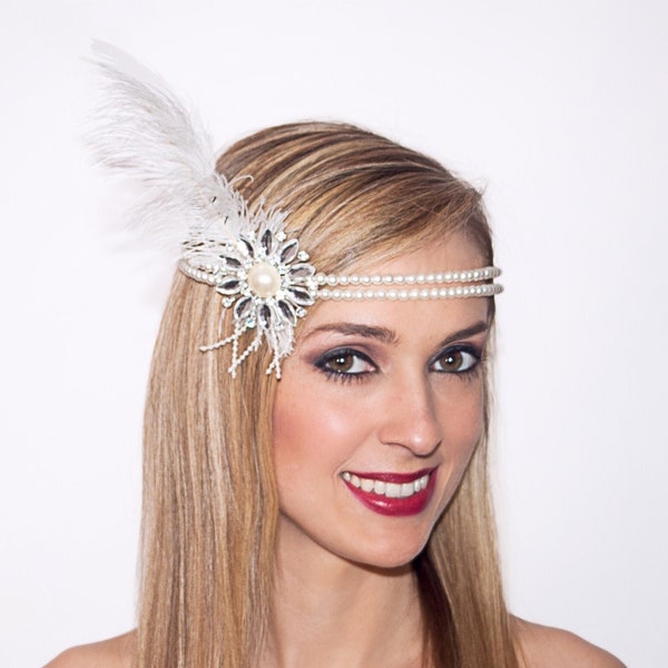 1920s Flapper Headpiece Headband with Pearl Band and Feather